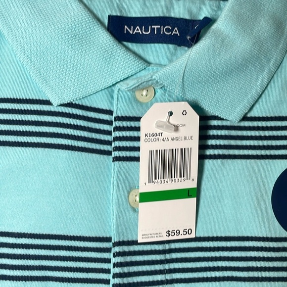 Nautica classic fit aqua with navy blue stripes Polo sz L - Picture 3 of 5